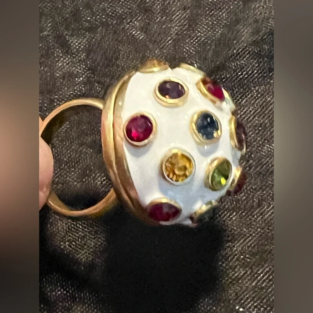 🆕Tory Burch Authentic Unique Locket Magnetic Ring White Enamel Colorful Stones